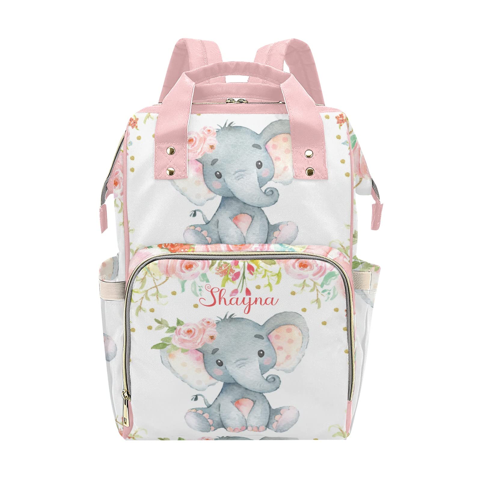 Pink Flower Elephant Personalized Diaper Backpack with Name,Custom Travel DayPack for Nappy Mommy Nursing Baby Bag One Size