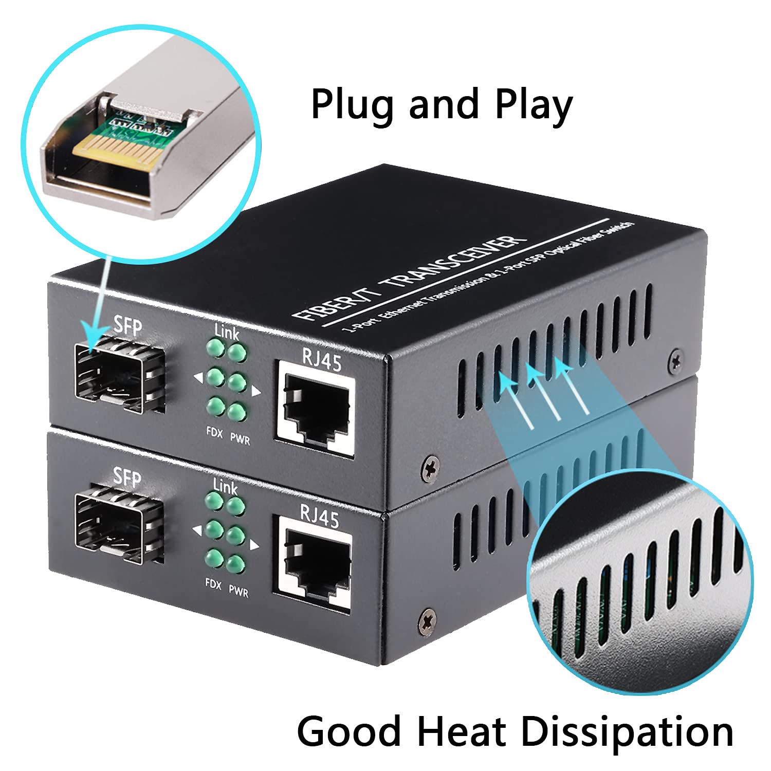 A Pair of Fiber Transceiver, 1.25G/s Bidi Gigabit Multi-Mode SFP Ethernet Media Converter with 2PCS LC Dual Module Included, 10/100/1000Base-Tx to 1000Base-SX SMF RJ45 to SFP Slot up to 550M