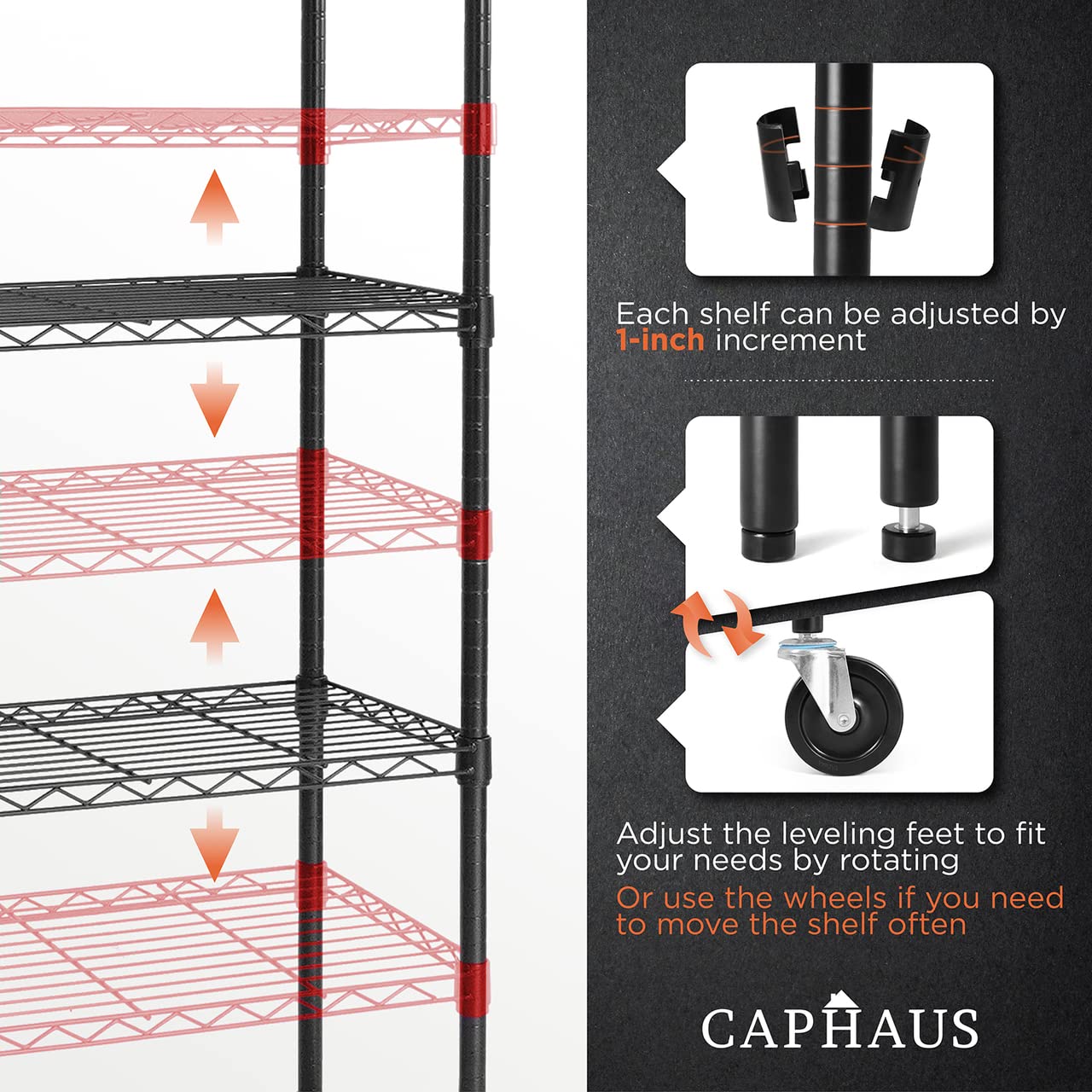 CAPHAUS 4-Tier Commercial Grade Heavy Duty Adjustable Height Wire Shelving w/Wheels & Leveling Feet, Storage Metal Steel Shelf, Garage Shelving Storage, Utility Wire Rack Storage Shelving Unit, 60”W