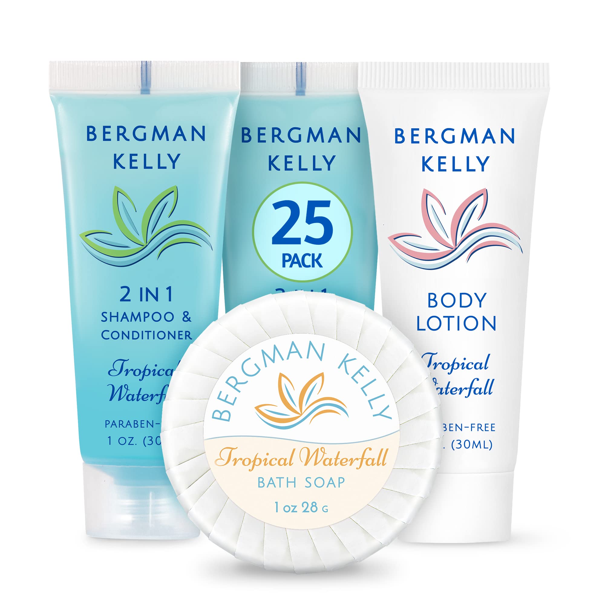 BERGMAN KELLY Round Soap Bars, 2in1 Shampoo & Conditioner, and Travel Size Lotion 3-Piece Set (Tropical Waterfall, 1 oz ea, 75 pc), Revitalizing & Refreshing Sanitary Toiletries Hotel Amenities