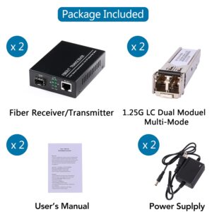 A Pair of Fiber Transceiver, 1.25G/s Bidi Gigabit Multi-Mode SFP Ethernet Media Converter with 2PCS LC Dual Module Included, 10/100/1000Base-Tx to 1000Base-SX SMF RJ45 to SFP Slot up to 550M