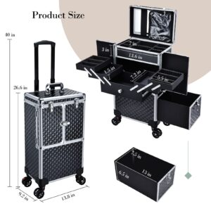 Adazzo Professional Makeup Artist Rolling Train Case Multi-functional Cosmetic Train Case Large Trolley Storage Case for Nail Technicians Cosmetology Case with Compartments for Hairstylist (Black)