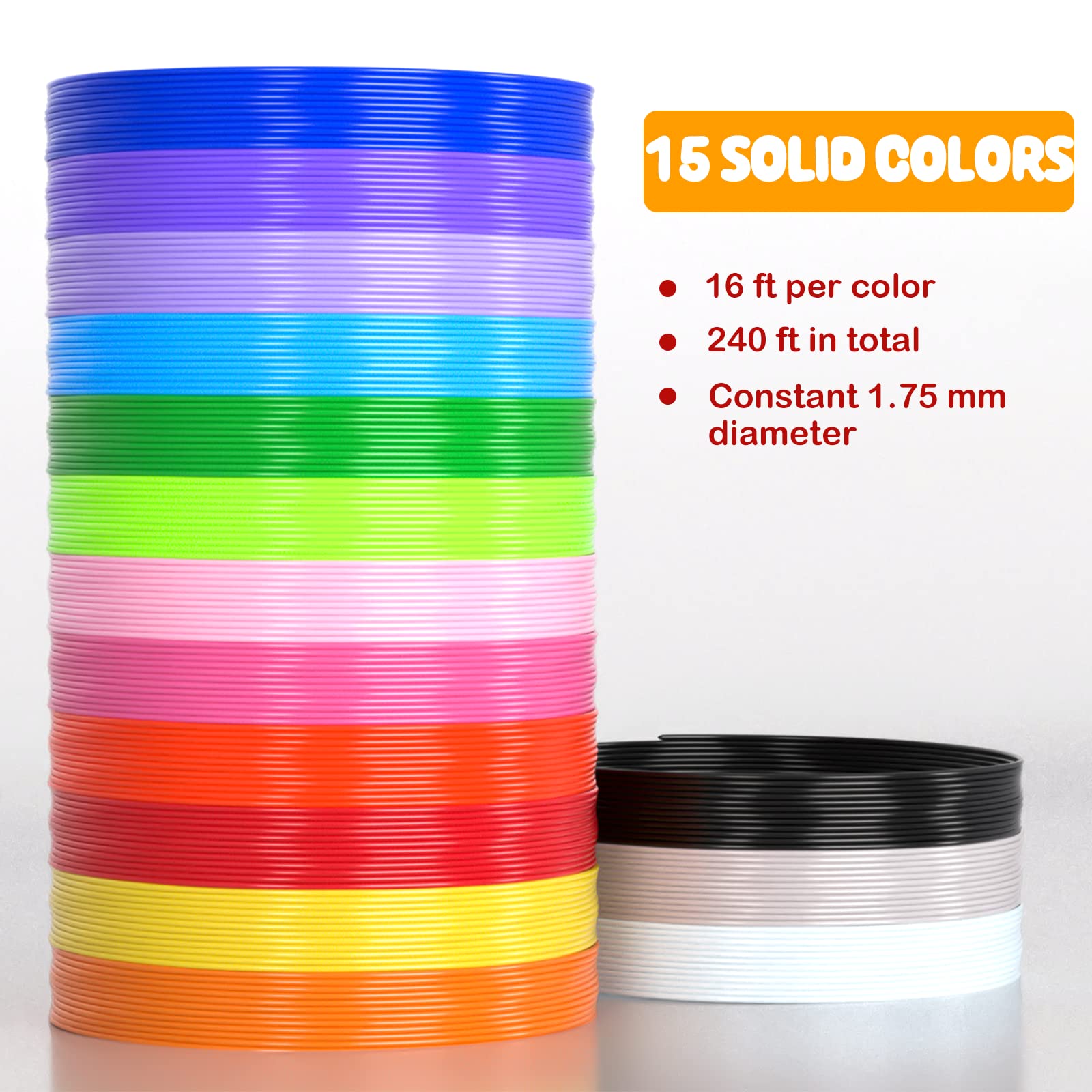 YEETIN 3D Pen Filament Refills 15 Colors, 16 ft per Color Total 240 ft, 1.75 mm PLA Compatible with SCRIB3D MYNT3D 3D Pen Comes with 2 Finger Caps & 3D Pen Template Book [3D Pen NOT Include]