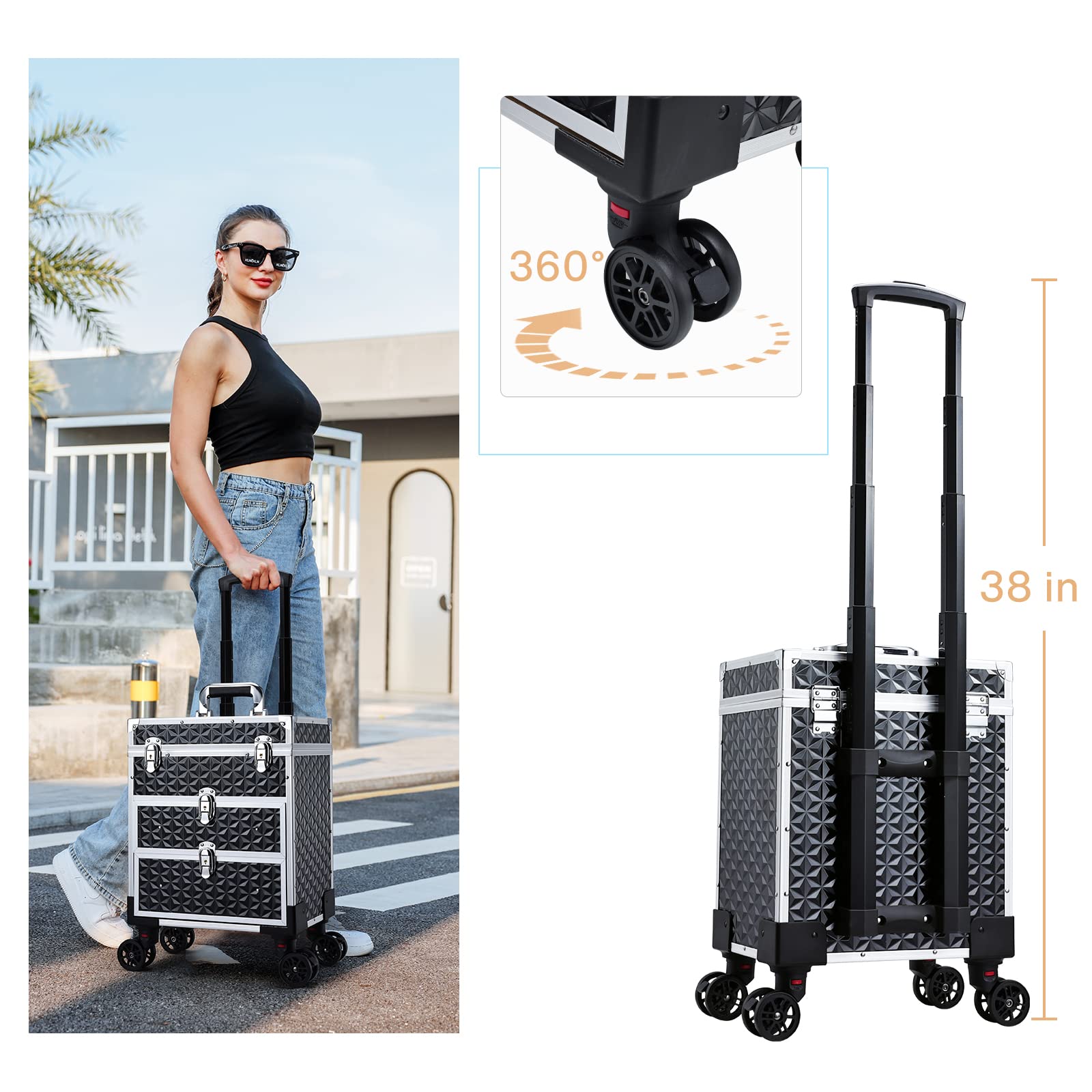 FRENESSA Professional Rolling Makeup Case Aluminum Trolley Train Case with 360° Swivel Wheels for Makuep Artist Travel Cosmetic Organizer with Sliding Drawers for Nail Tech Hairstylist Barber, Black