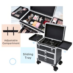 FRENESSA Professional Rolling Makeup Case Aluminum Trolley Train Case with 360° Swivel Wheels for Makuep Artist Travel Cosmetic Organizer with Sliding Drawers for Nail Tech Hairstylist Barber, Black