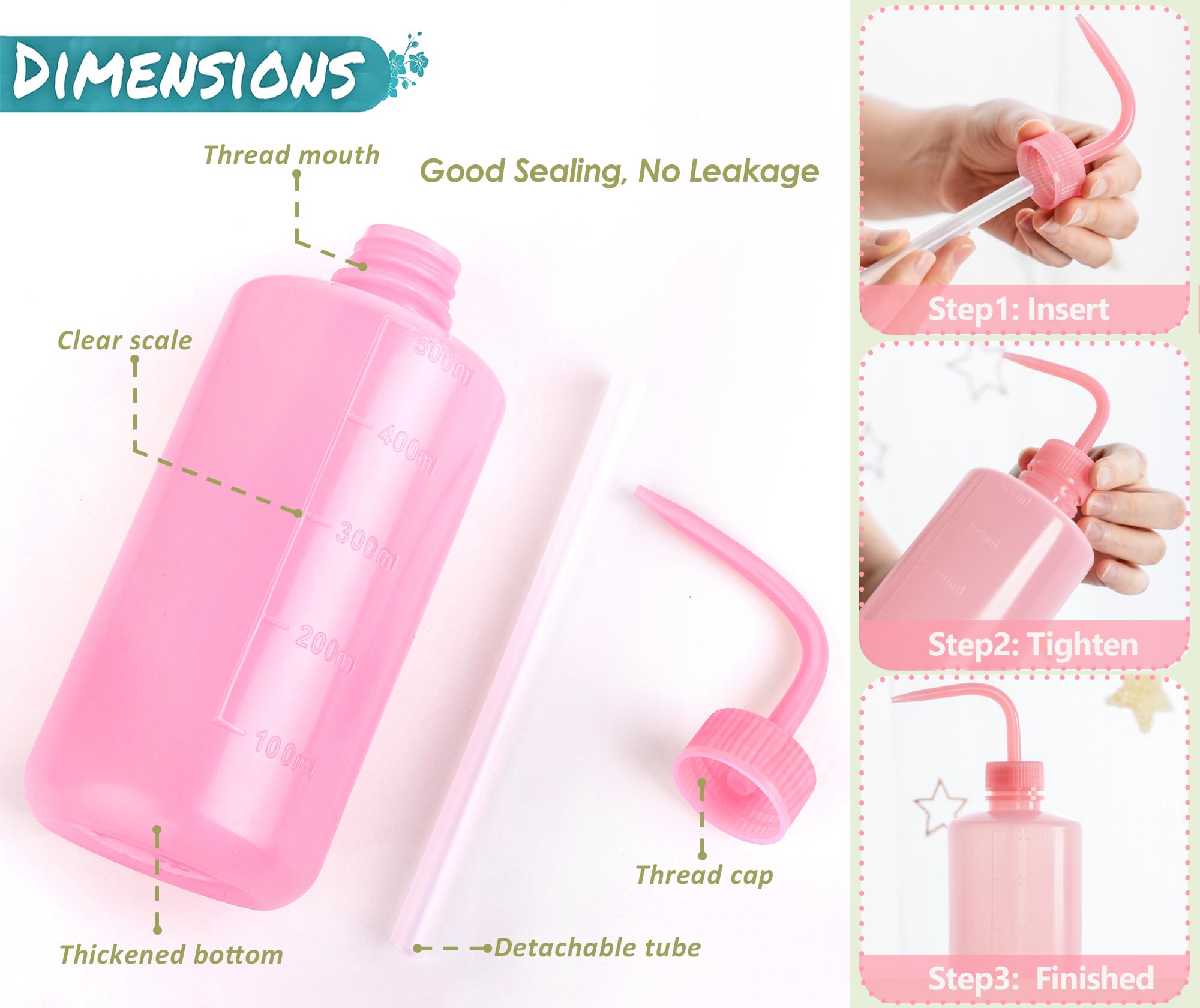 Melphoe Tattoo Wash Bottle Squeeze 3Pcs 500ml Squirt Bottle Succulent Watering Can, Safety Rinse Bottle, Plastic Squeeze Medical Lab Washing Bottle, Tattoo Supplies, Lash Water Bottle Squeezer, Pink