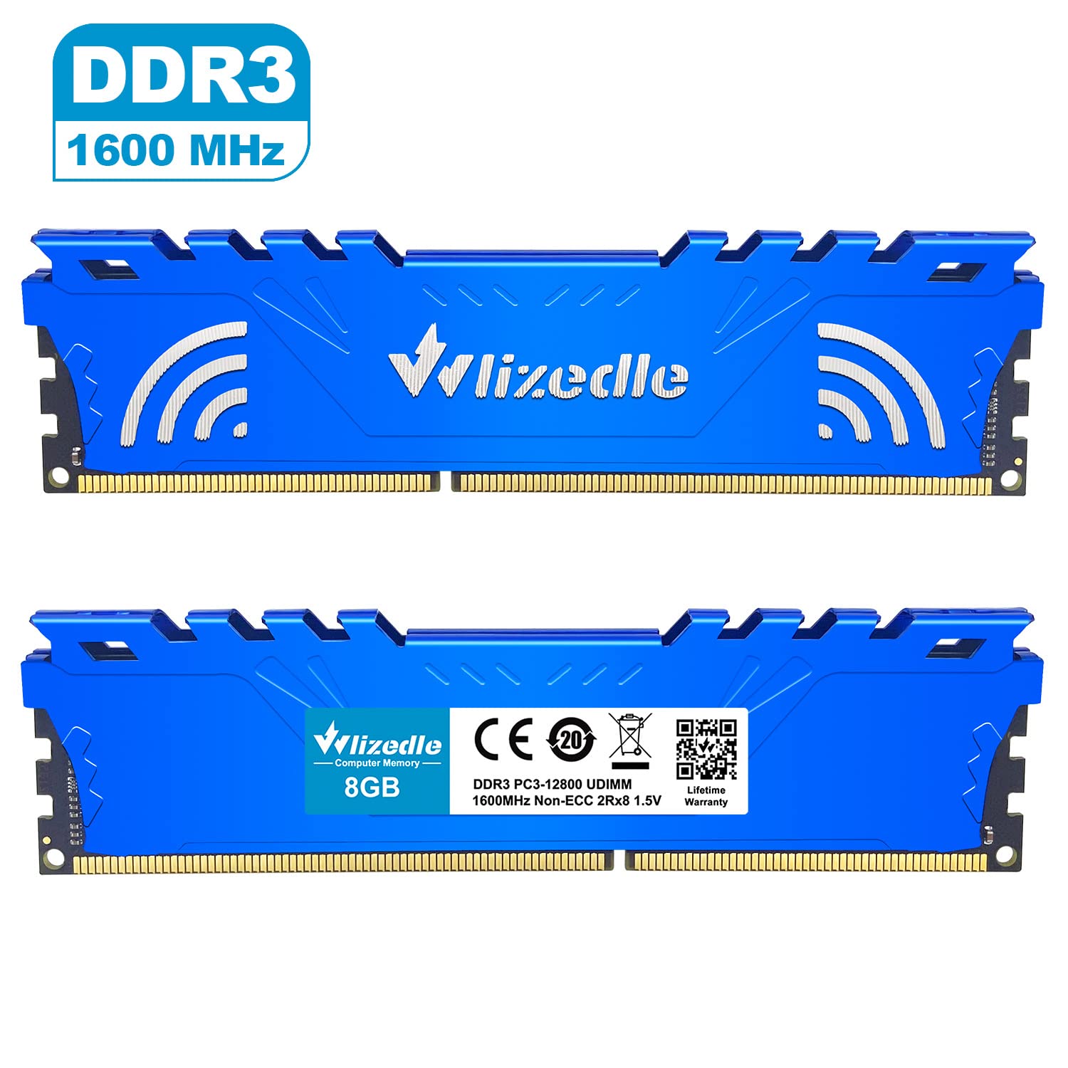 DDR3 RAM 16GB Kit (2x8GB) 1600MHz CL11 DIMM Wlizedle Desktop Memory PC3-12800 240-Pin 1.5V 2Rx8 Dual Rank Channel Non-ECC Unbuffered PC Computer Sdram Sticks Module Upgrade, Blue