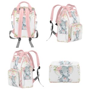 Pink Flower Elephant Personalized Diaper Backpack with Name,Custom Travel DayPack for Nappy Mommy Nursing Baby Bag One Size