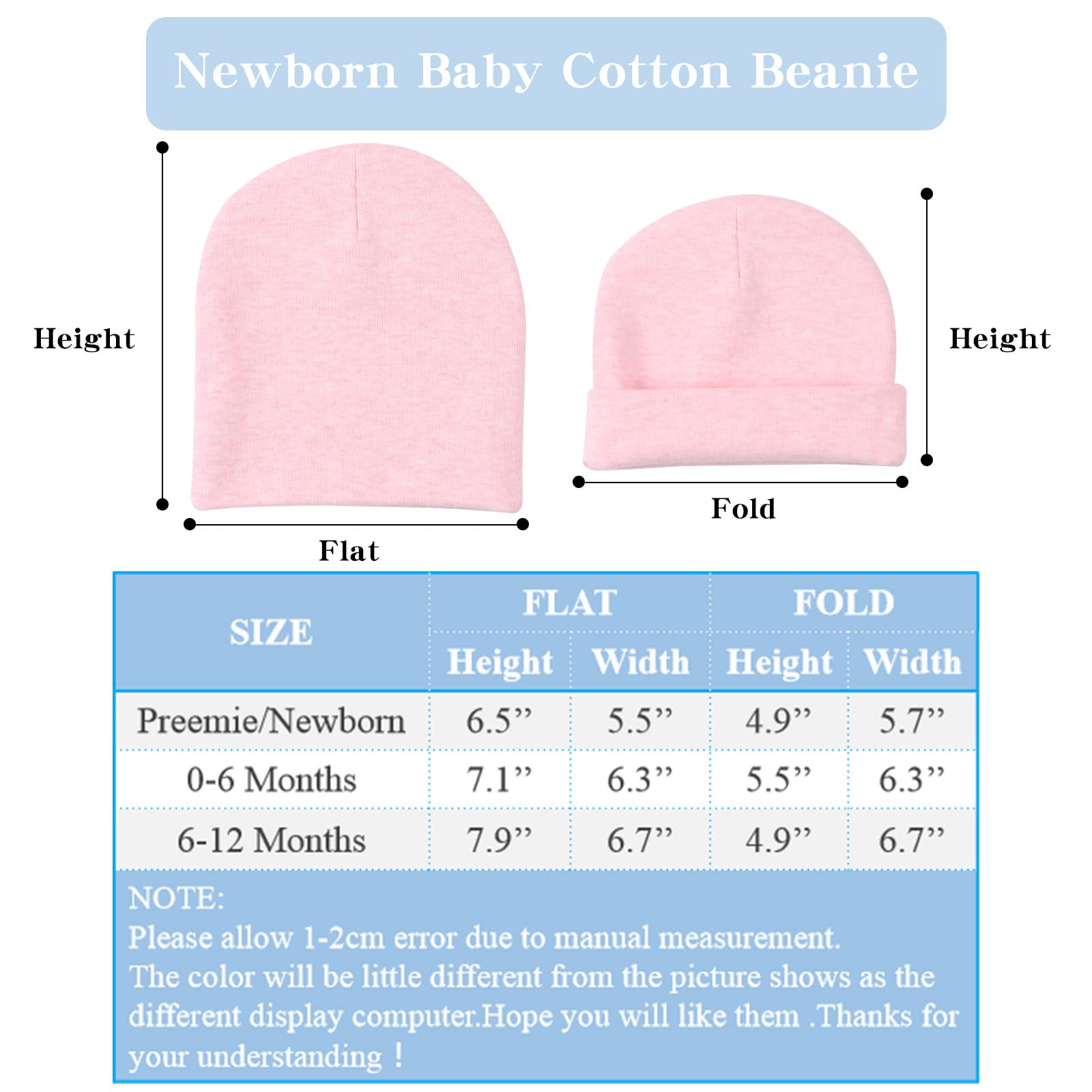 Zsedrut Spring Infant Hospital Beanie Newborn Baby Girls Cotton Turban Hat Tolddler Boy Soft Double-Layer Hat(Preemie/Newborn,White+Pink+Gray+Beige)