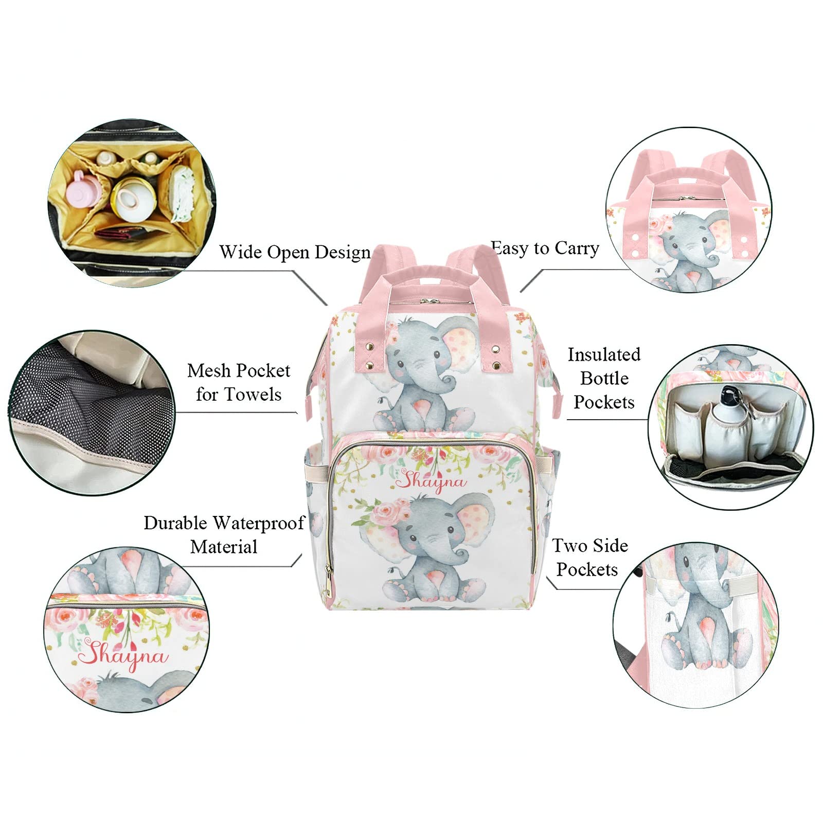 Pink Flower Elephant Personalized Diaper Backpack with Name,Custom Travel DayPack for Nappy Mommy Nursing Baby Bag One Size