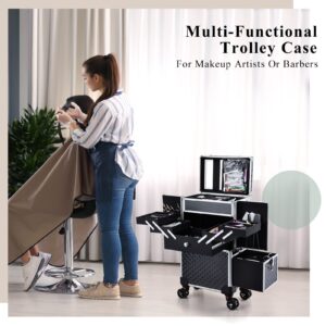 Adazzo Professional Makeup Artist Rolling Train Case Multi-functional Cosmetic Train Case Large Trolley Storage Case for Nail Technicians Cosmetology Case with Compartments for Hairstylist (Black)