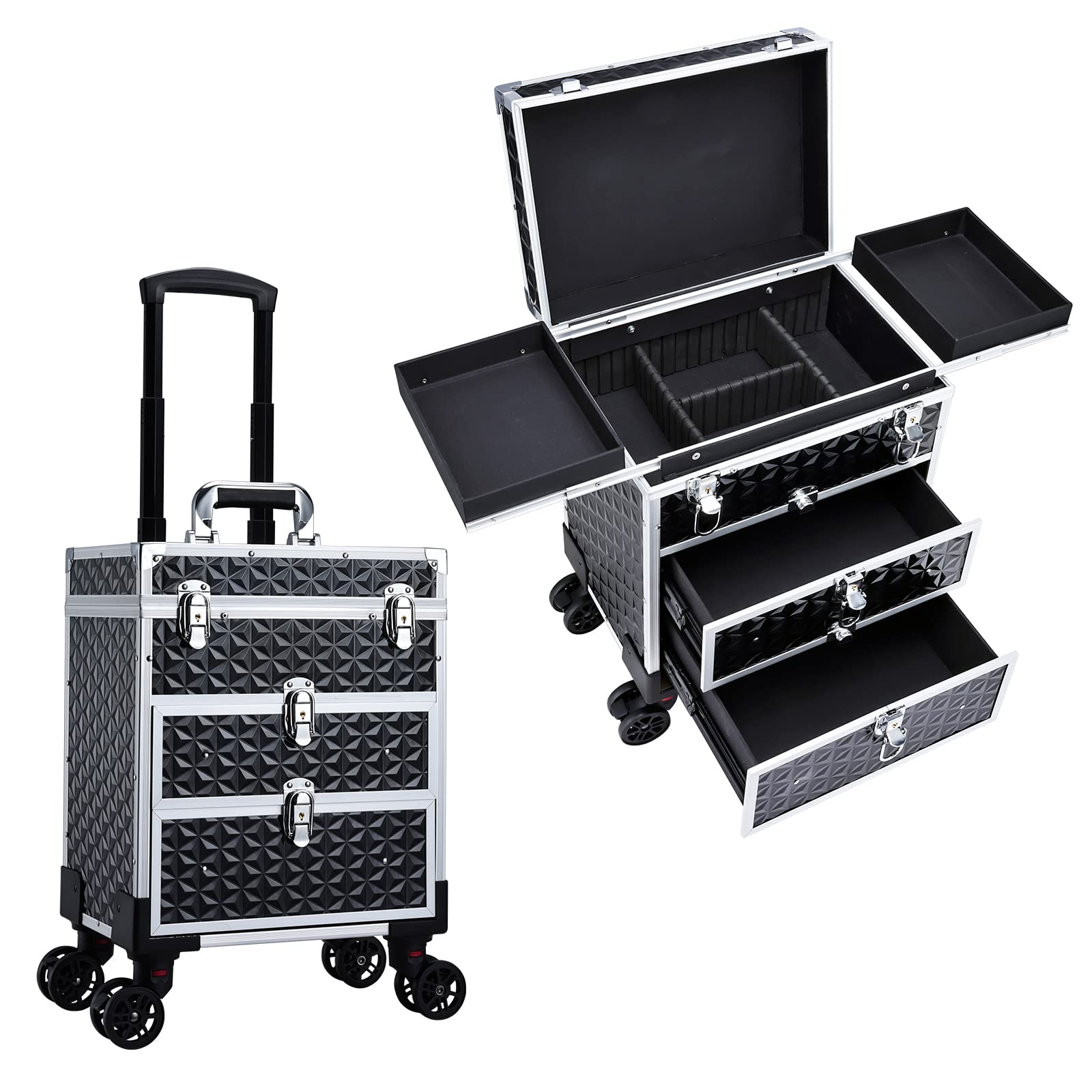 FRENESSA Professional Rolling Makeup Case Aluminum Trolley Train Case with 360° Swivel Wheels for Makuep Artist Travel Cosmetic Organizer with Sliding Drawers for Nail Tech Hairstylist Barber, Black