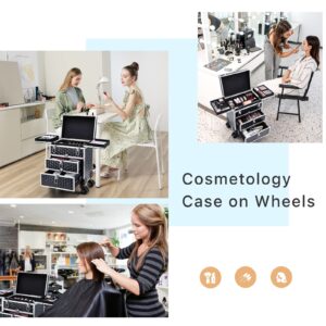 FRENESSA Professional Rolling Makeup Case Aluminum Trolley Train Case with 360° Swivel Wheels for Makuep Artist Travel Cosmetic Organizer with Sliding Drawers for Nail Tech Hairstylist Barber, Black