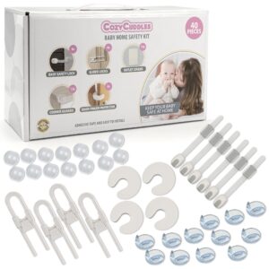 [40 pieces] cozycuddles baby safety kit safeguarding complete essential child, toddler, baby proofing kit - adjustable locks for cabinets, drawers, corner guards, outlet covers, door pinch protectors