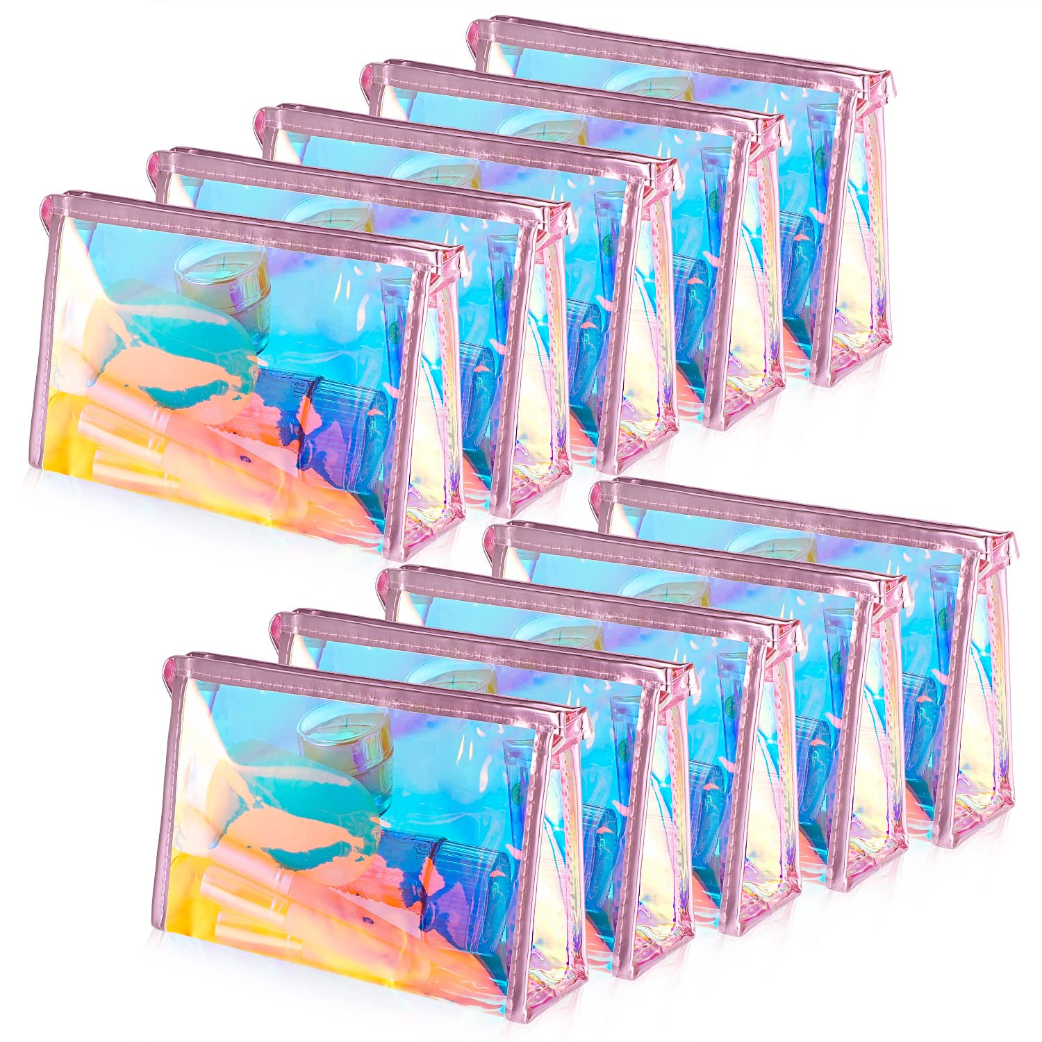 BESARME 10 Pcs Holographic Makeup Bags Bulk, Stocking Stuffers for Women Clear Portable Zippered Toiletry Bag Waterproof Cosmetic Bags Christmas Gifts for Women in Bulk