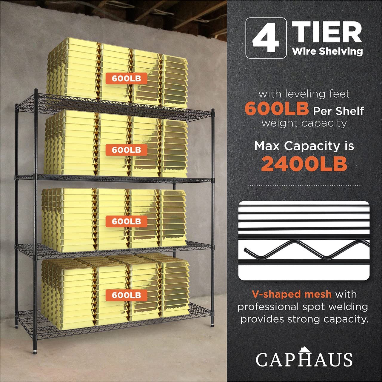 CAPHAUS 4-Tier Commercial Grade Heavy Duty Adjustable Height Wire Shelving w/Wheels & Leveling Feet, Storage Metal Steel Shelf, Garage Shelving Storage, Utility Wire Rack Storage Shelving Unit, 60”W