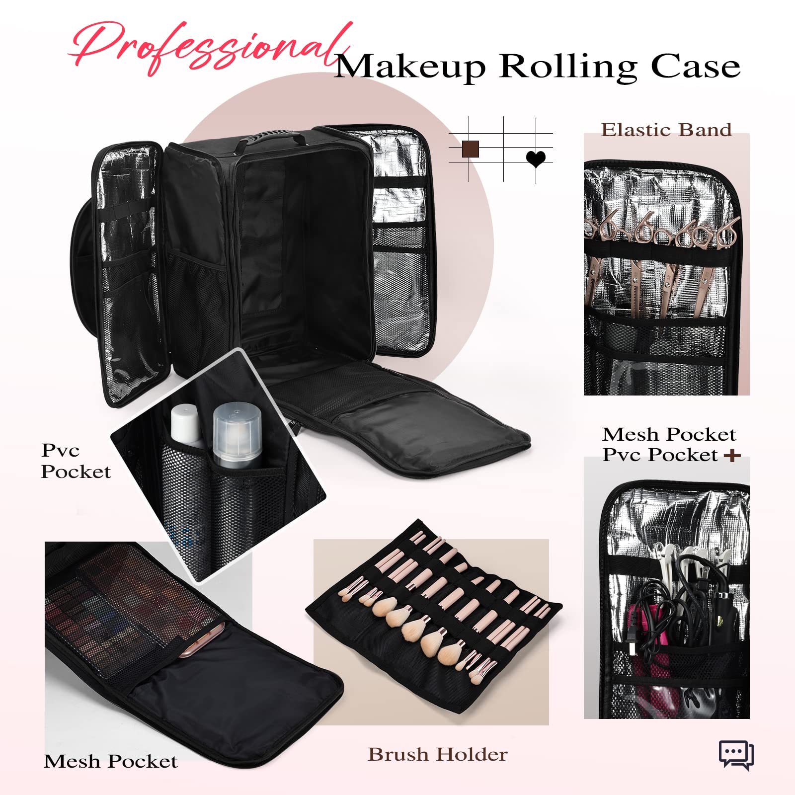 Costravio Professional Makeup Case Soft-Sided Make-Up Artist Travel Case Nylon Cosmetology Rolling Train Case on Wheels for Hair Stylist Nail Tech Storage Cosmetic Organizer with Removable Bags Black