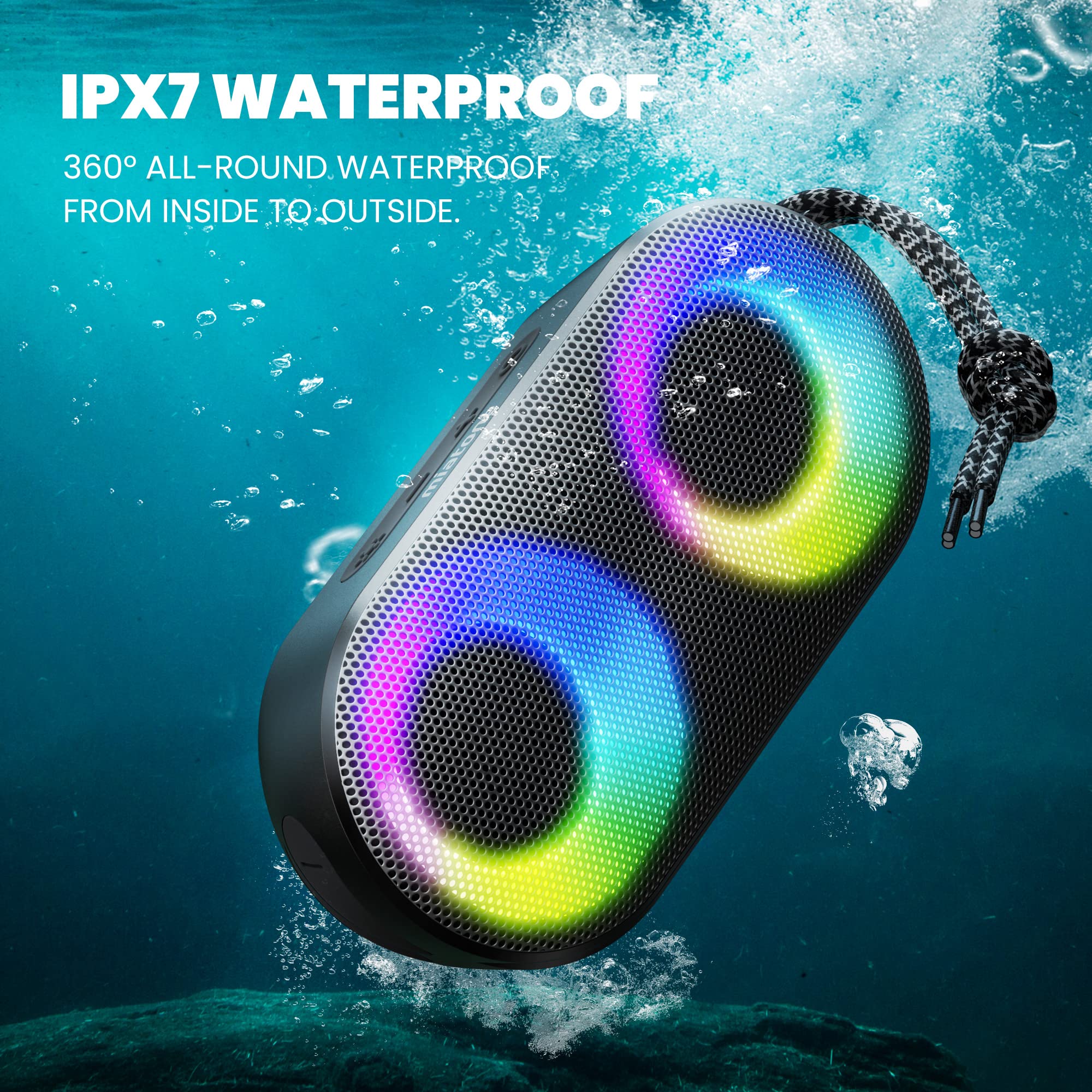 MIATONE Portable Bluetooth Speakers with Lights, Bluetooth Speaker Kids, 15W, IPX7 Waterproof, Bluetooth 5.3, 24H Playtime, Built-in MIC, TWS Portable Speaker for Gifts Teen Boys Speaker