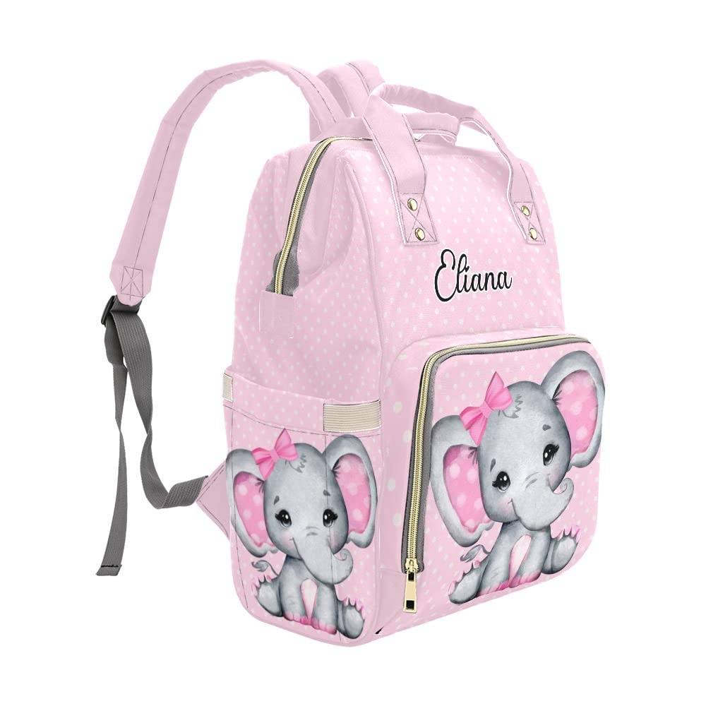 Liveweike Girl Elephant Dot Personalized Diaper Bag Backpack Custom Name Daypack Large Mommy Bag for Teen Girl Boy Student