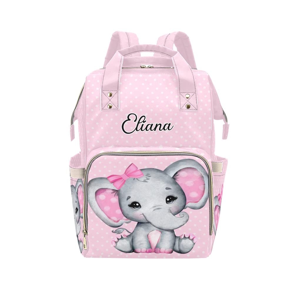 Liveweike Girl Elephant Dot Personalized Diaper Bag Backpack Custom Name Daypack Large Mommy Bag for Teen Girl Boy Student