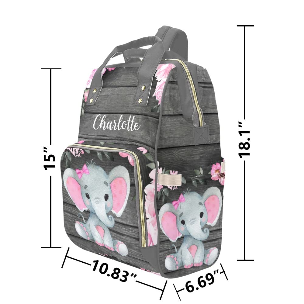 Liveweike Pink Woodland Elephant Personalized Diaper Bag Backpack Custom Name Daypack Large Mommy Bag for Teen Girl Boy Student