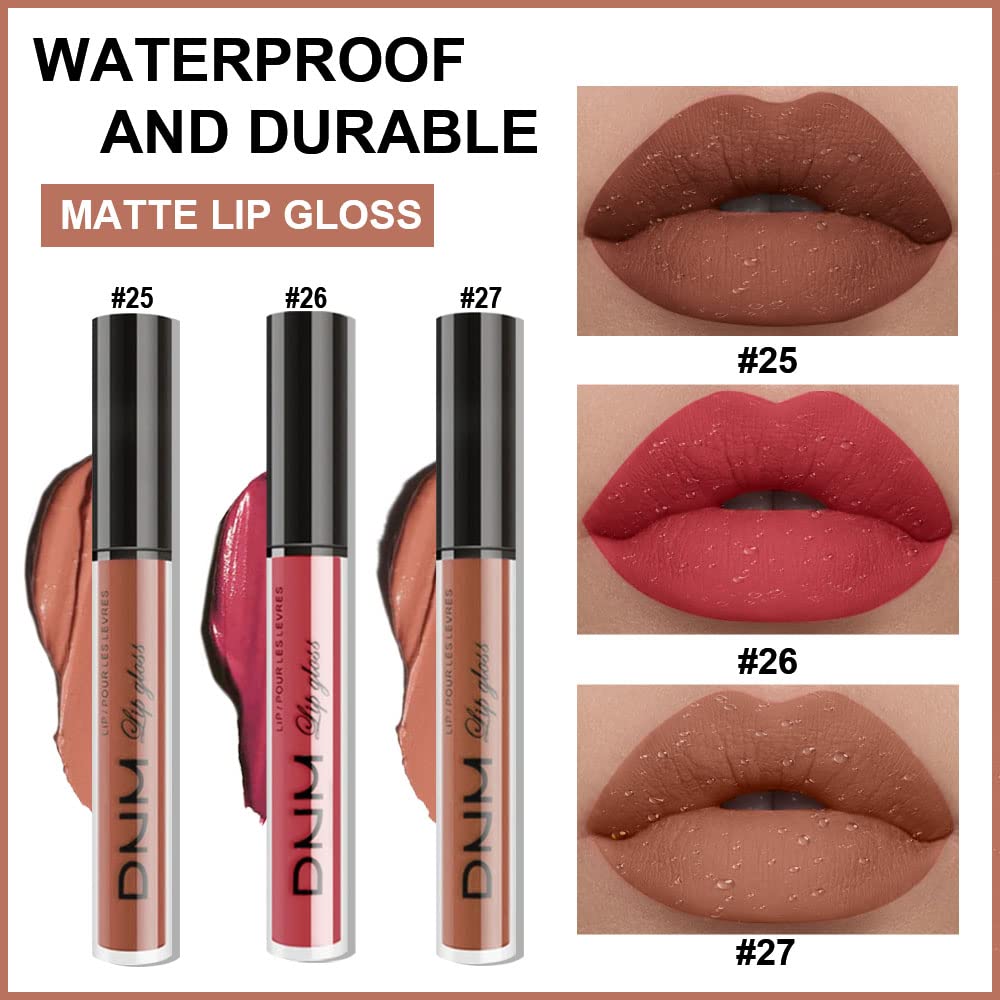 3Pcs Nude Brown Pink Dark Maroon Matte Liquid Lipstick Makeup Sets for Dark Skin Black Women DNM Permanent Lip Stain Set Long Lasting Lipstick 24 Hours Waterproof labiales mate 24 horas originales 09