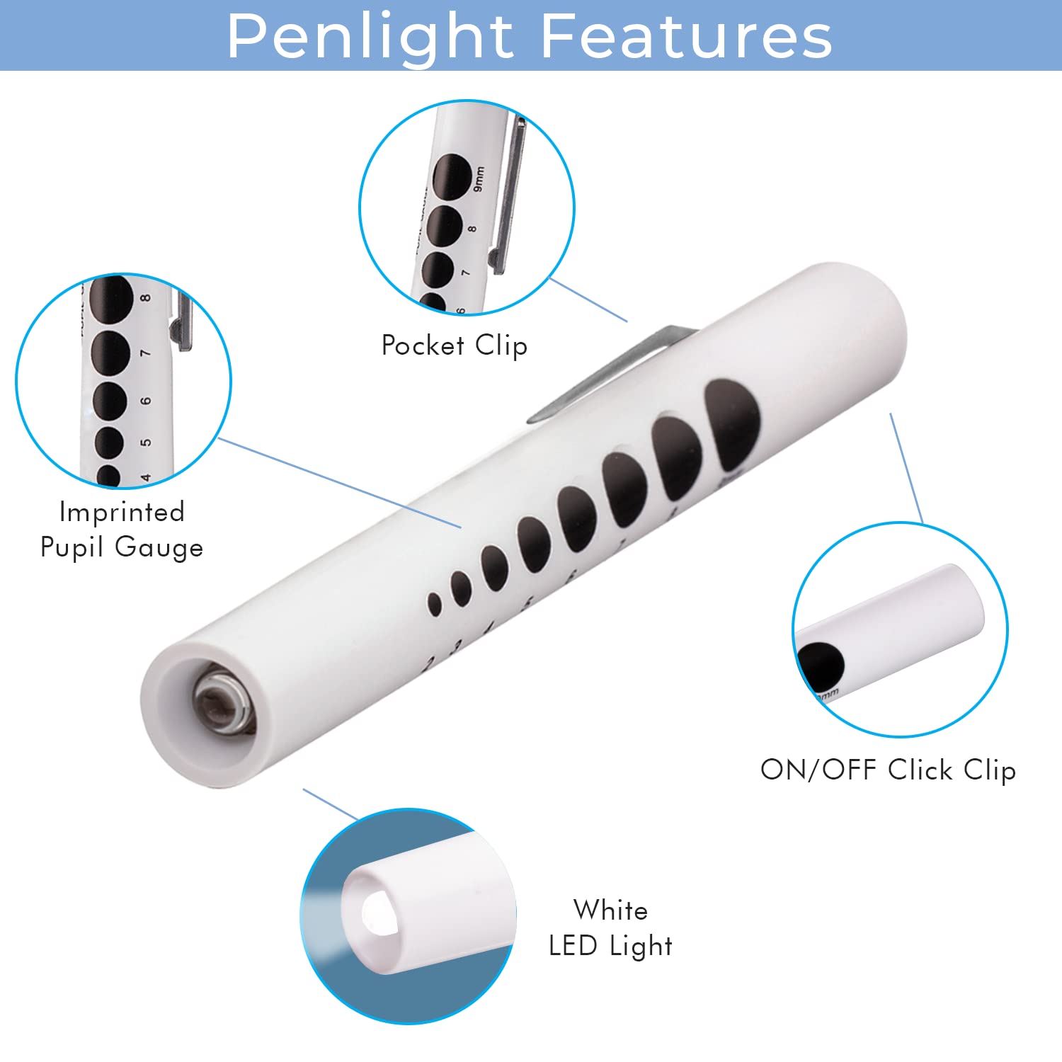 Novamedic 6 Pack Disposable LED Pen Light with Pupil Gauge, Medical Diagnostic Penlight for Doctors Nurses EMTs and Nursing Students, White