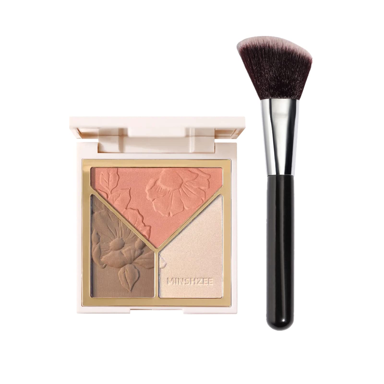 Highlighter & Contour & Blush 3 in 1 Makeup Palette with Brush, Matte Shimmer Glow Illuminator Powder Perfect For Face Highlight,Contour,Bronzer,Shape,Silky Brillliant Compact Make-up