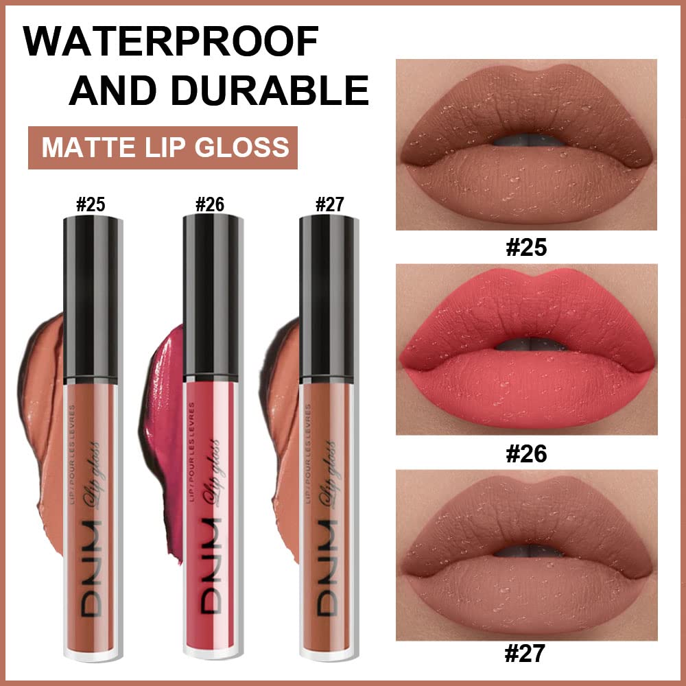 AMY'S DIARY 3Pcs Matte Liquid Brown Lipstick Sets, Brown Lip Stain Long Lasting 24 Waterproof Lip Gloss Makeup Gift Set for Women Lippies(Set09)