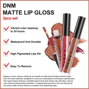 3Pcs Nude Brown Pink Dark Maroon Matte Liquid Lipstick Makeup Sets for Dark Skin Black Women DNM Permanent Lip Stain Set Long Lasting Lipstick 24 Hours Waterproof labiales mate 24 horas originales 09