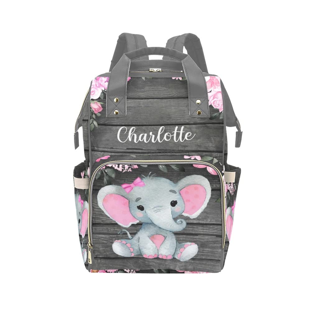 Liveweike Pink Woodland Elephant Personalized Diaper Bag Backpack Custom Name Daypack Large Mommy Bag for Teen Girl Boy Student