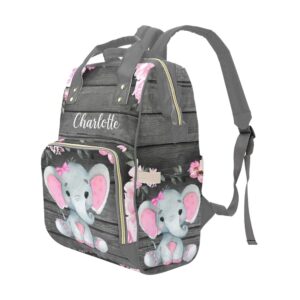 Liveweike Pink Woodland Elephant Personalized Diaper Bag Backpack Custom Name Daypack Large Mommy Bag for Teen Girl Boy Student