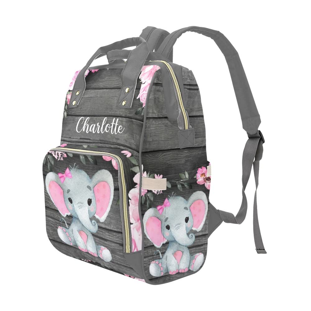 Liveweike Pink Woodland Elephant Personalized Diaper Bag Backpack Custom Name Daypack Large Mommy Bag for Teen Girl Boy Student