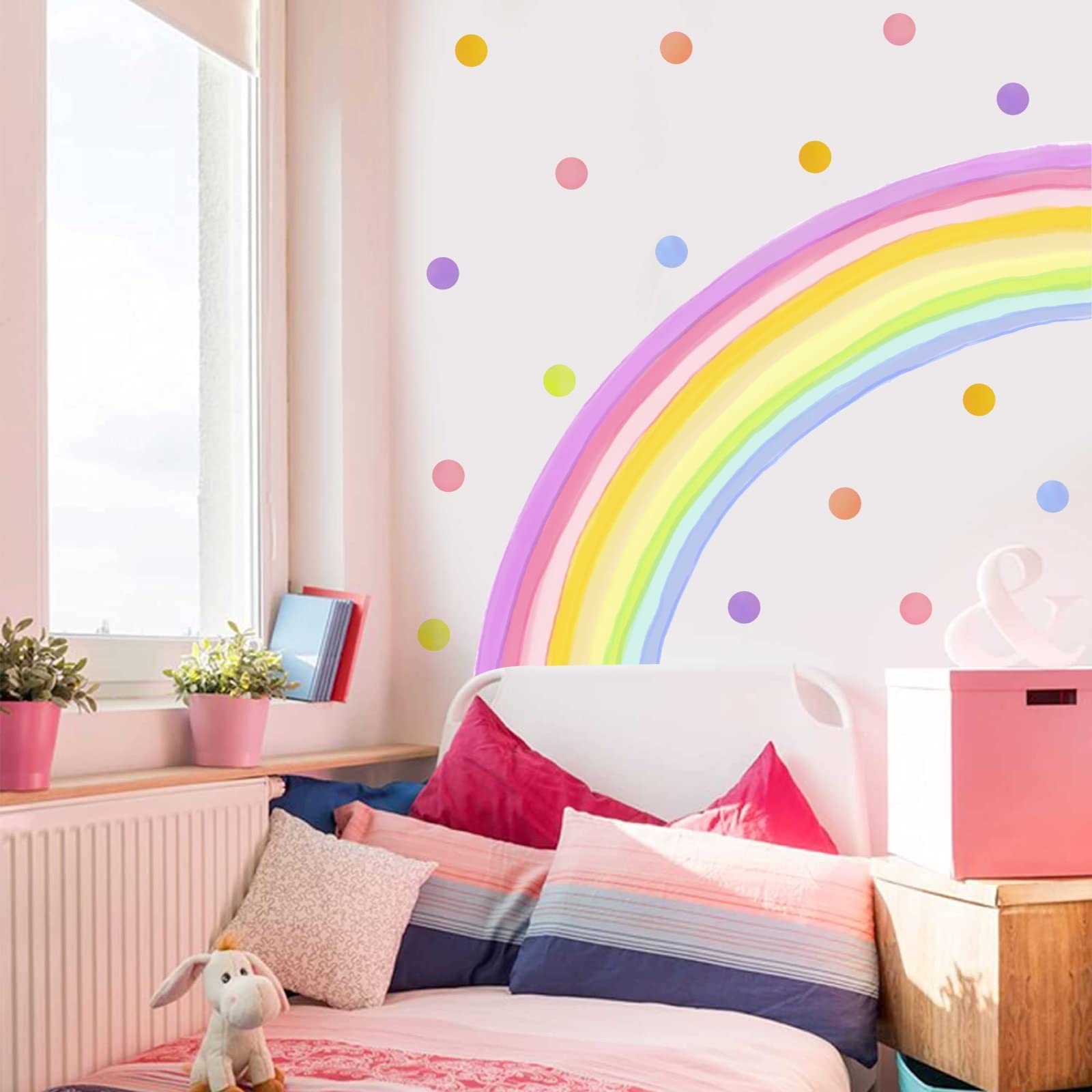 84x42 Inch Extra Large Rainbow Wall Decal Colorful Rainbow Polka Dot Wall Decals Large Rainbow Wall Sticker Fabric Wall Decals Nursery Rainbow Wall Stickers for Kids Rooms Girls Bedroom