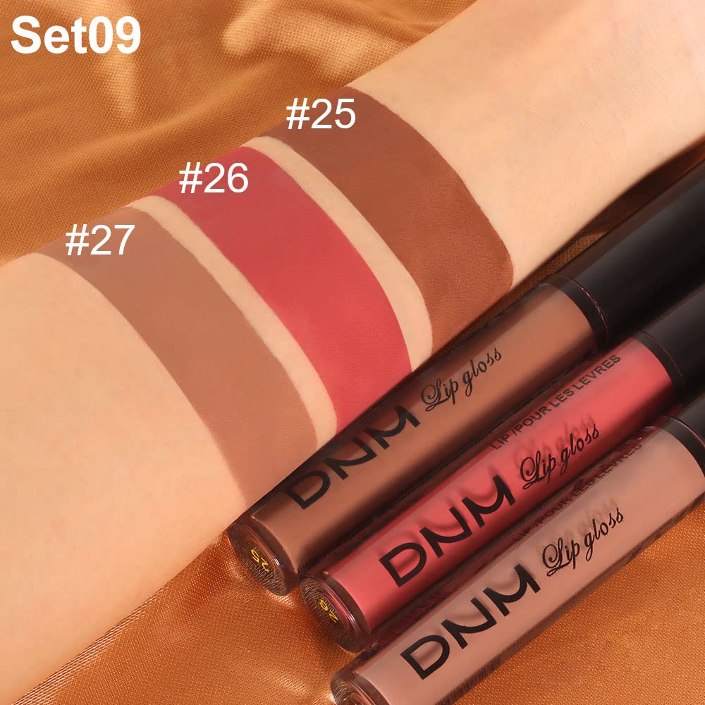 3Pcs Nude Brown Pink Dark Maroon Matte Liquid Lipstick Makeup Sets for Dark Skin Black Women DNM Permanent Lip Stain Set Long Lasting Lipstick 24 Hours Waterproof labiales mate 24 horas originales 09