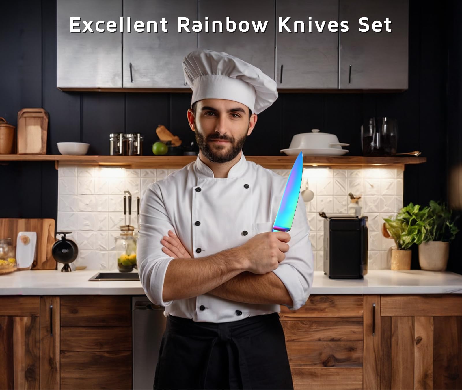 WELLSTAR Rainbow Knife Set 16 Pieces with 8 Knives and 8 Blade Guards, Iridescent German Stainless Steel Kitchen Knives with Durable Sheath Cover, Colorful Titanium Coated Chef’s Cooking Knife Set