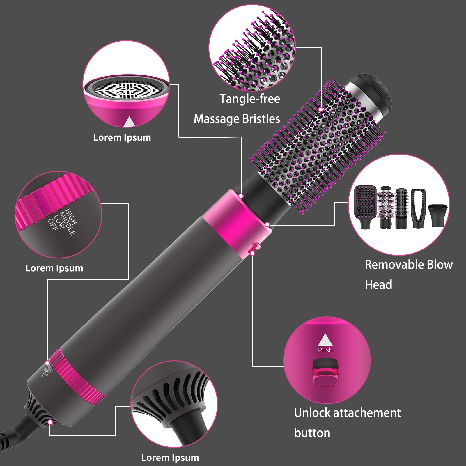 5 in 1 Styling Hot Air Brush with Negative Ion - Detachable and Interchangeable Bristles for Straightening, Curling, Drying, Combing, and Scalp Massage - Heat Brush with Glove