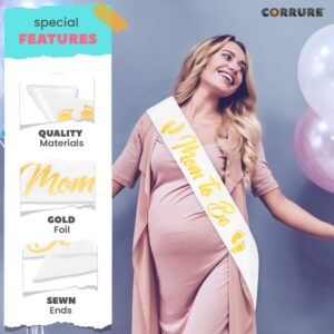 CORRURE Baby Shower Sash for Boy or Girl - 'Mom to Be' Sash With Beautiful White Ribbon and Gold Foil Text - Ideal Gender Reveal, Baby Shower, Welcome Baby, Mom to Be or Baby Sprinkle Gift