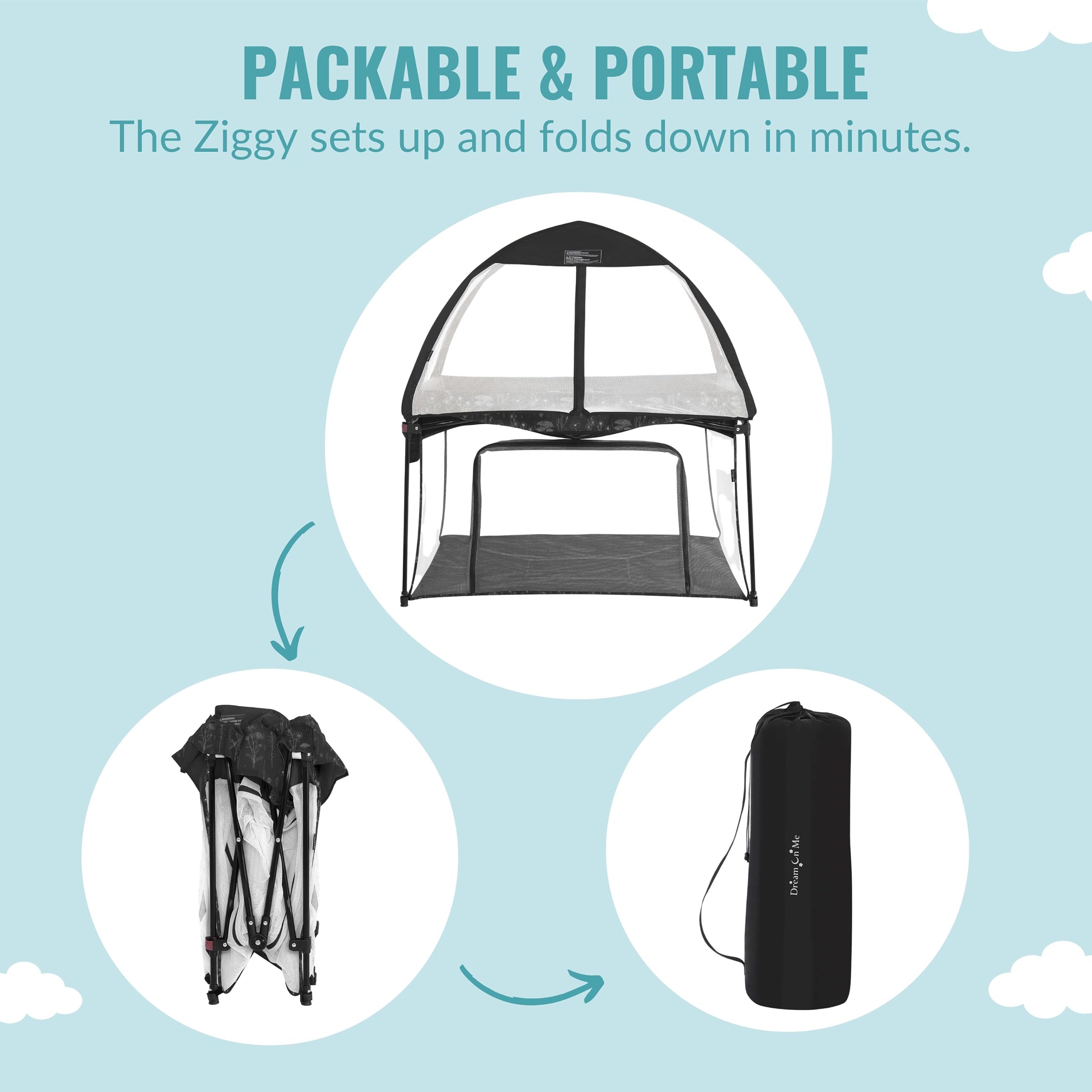 Dream On Me Ziggy Square Playpen with Canopy | Baby Playpen | Portable and Lightweight | Playpen for Babies and Toddler | Black & White