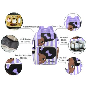 African Black Girl Purple Personalized Diaper Backpack with Name,Custom Travel DayPack for Nappy Mommy Nursing Baby Bag One Size