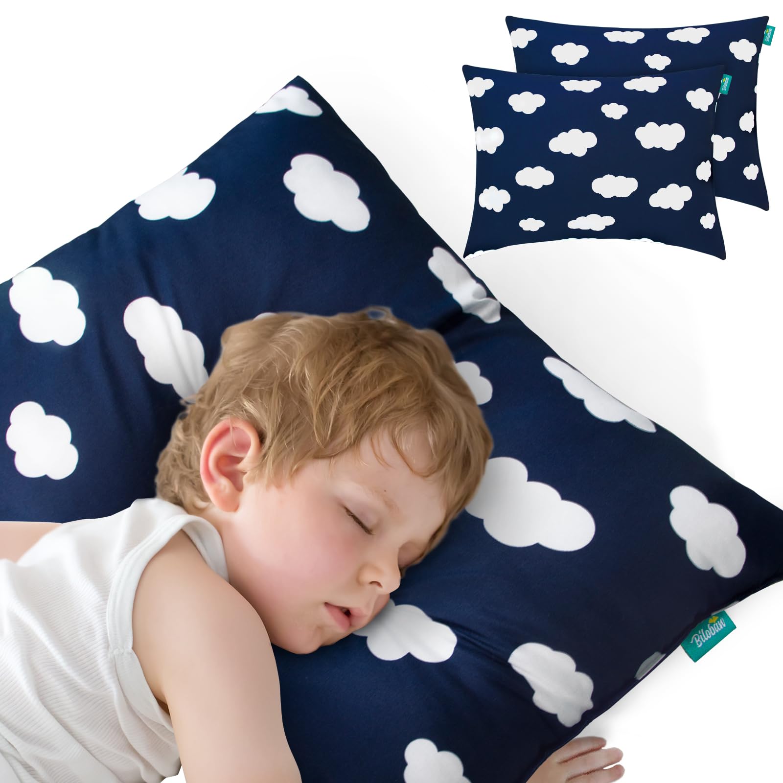 Toddler Pillow for Sleeping, Kid Pillow 14" x 19" for Small Travel Bed, Nap Pillow for Crib, Soft & Skin-Friendly Small Pillows for Sleeping, Toddler Use Only, Age 2 to 5, 2 Pack (Navy Cloud)