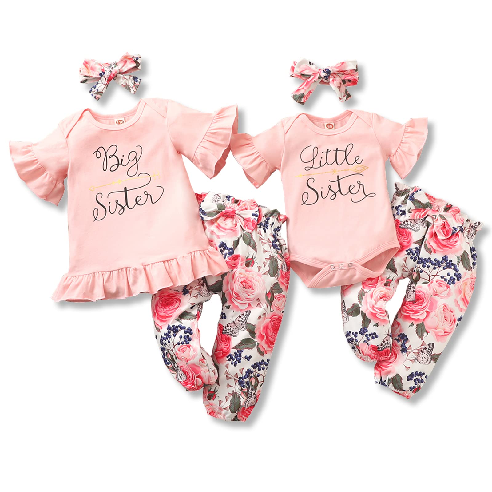 Newborn Baby Girl Clothes Big Sister Little Sister Matching Outfits Infant Romper Floral Pants Toddler Girls Clothing Sets