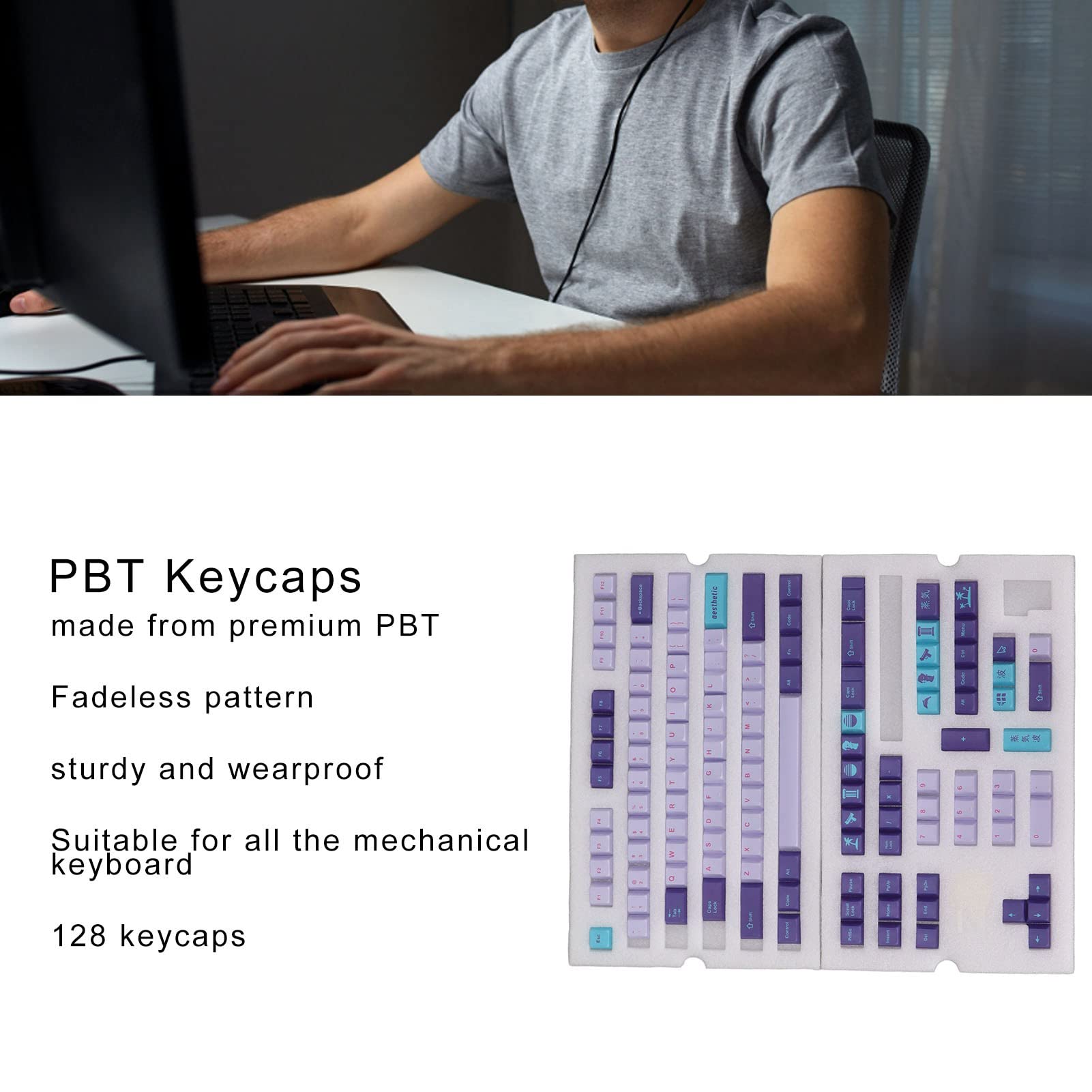 PBT Keycaps, 128 Keys English Keycap Cherry Height DIY Keycaps Fadeless Custom Keycaps for Mechanical Gaming Keyboard(Vaporwave)