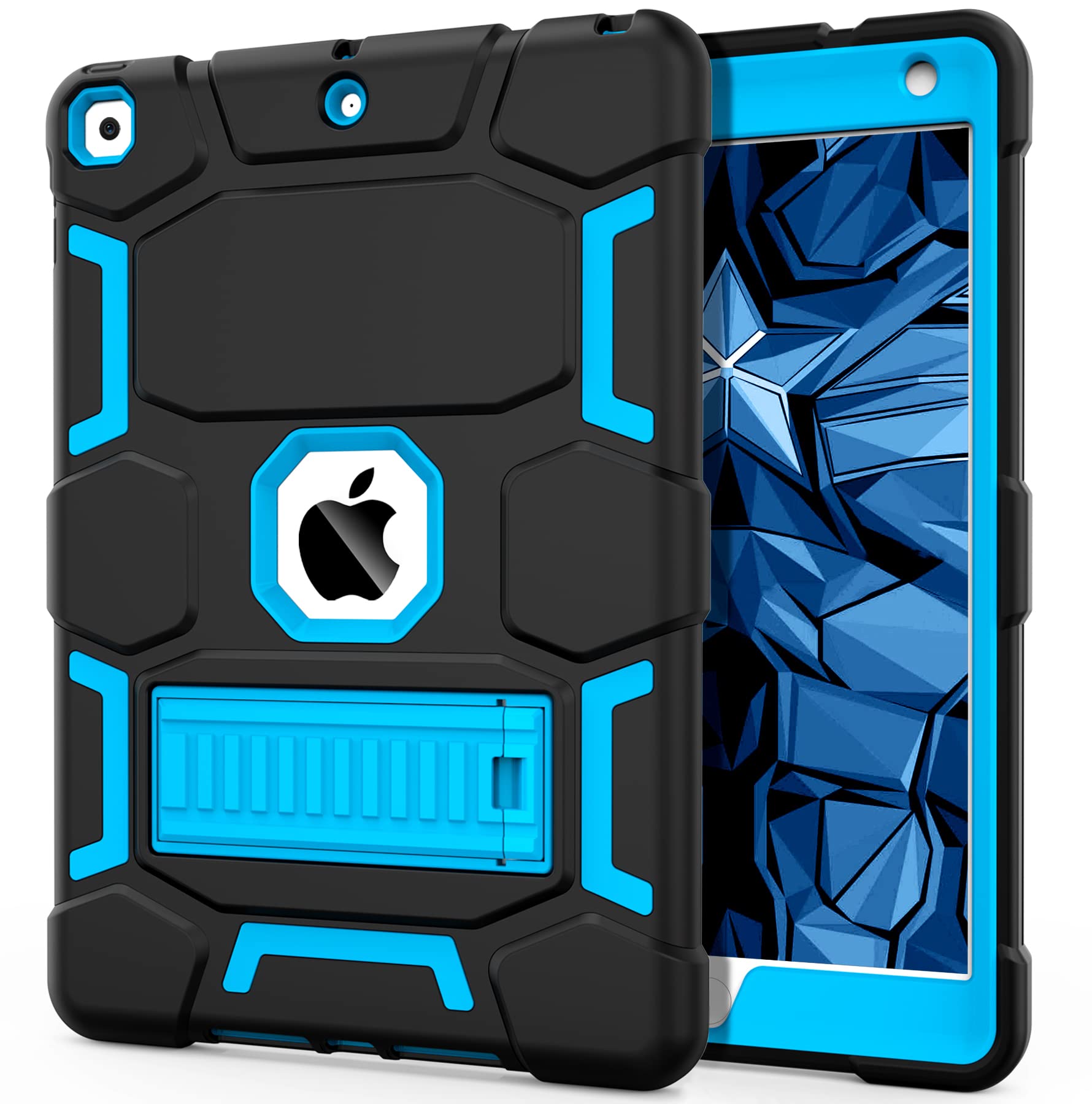 CCMAO iPad 9th Generation Case, iPad 8th/7th Generation Case, iPad 10.2 2021/2020/2019 Case with Kickstand, Heavy Duty Shockproof Hybrid Three Layer Protective Cover for Kids Boys, Black+Sky Blue