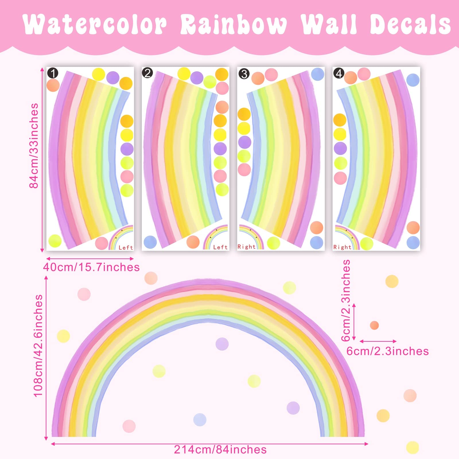 84x42 Inch Extra Large Rainbow Wall Decal Colorful Rainbow Polka Dot Wall Decals Large Rainbow Wall Sticker Fabric Wall Decals Nursery Rainbow Wall Stickers for Kids Rooms Girls Bedroom