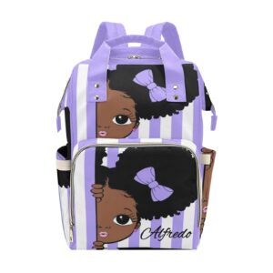 african black girl purple personalized diaper backpack with name,custom travel daypack for nappy mommy nursing baby bag one size