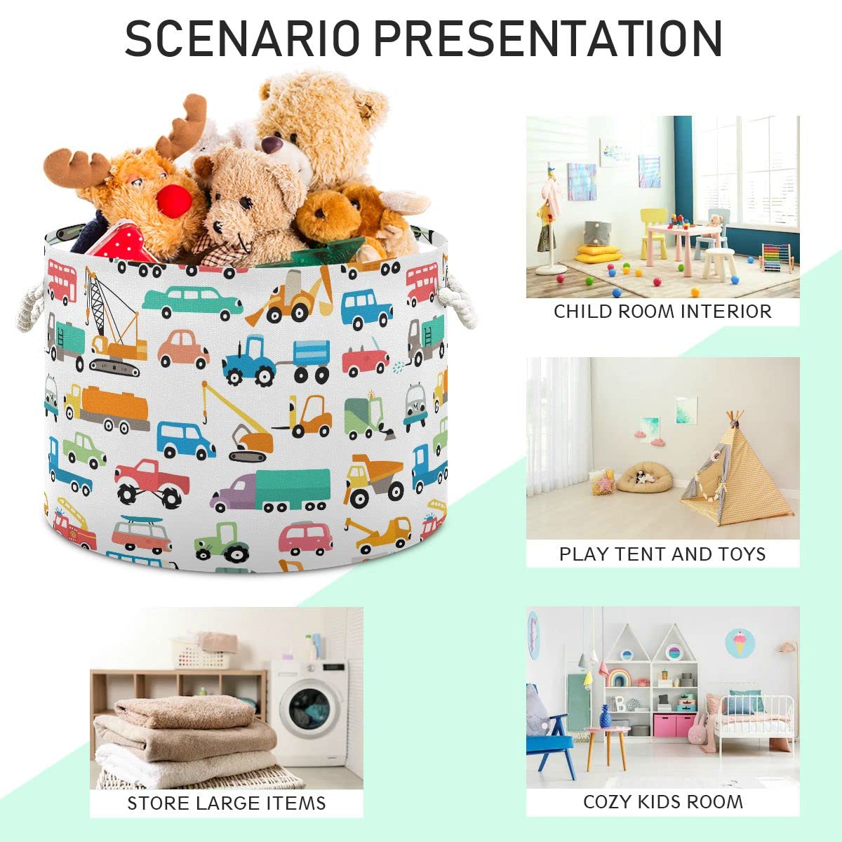 Construction Transports Theme Large Storage Basket for Toys Storage Bin Box Laundry Basket for Home Decor, Pet Toy, Blankets