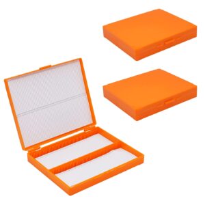 hhniuli 3pcs microscope slide holder box, orange 100 place 1" l x 3" w polypropylene microscope slide storage boxes 8.27" length x6.69" width x 1.26" height for classroom lab