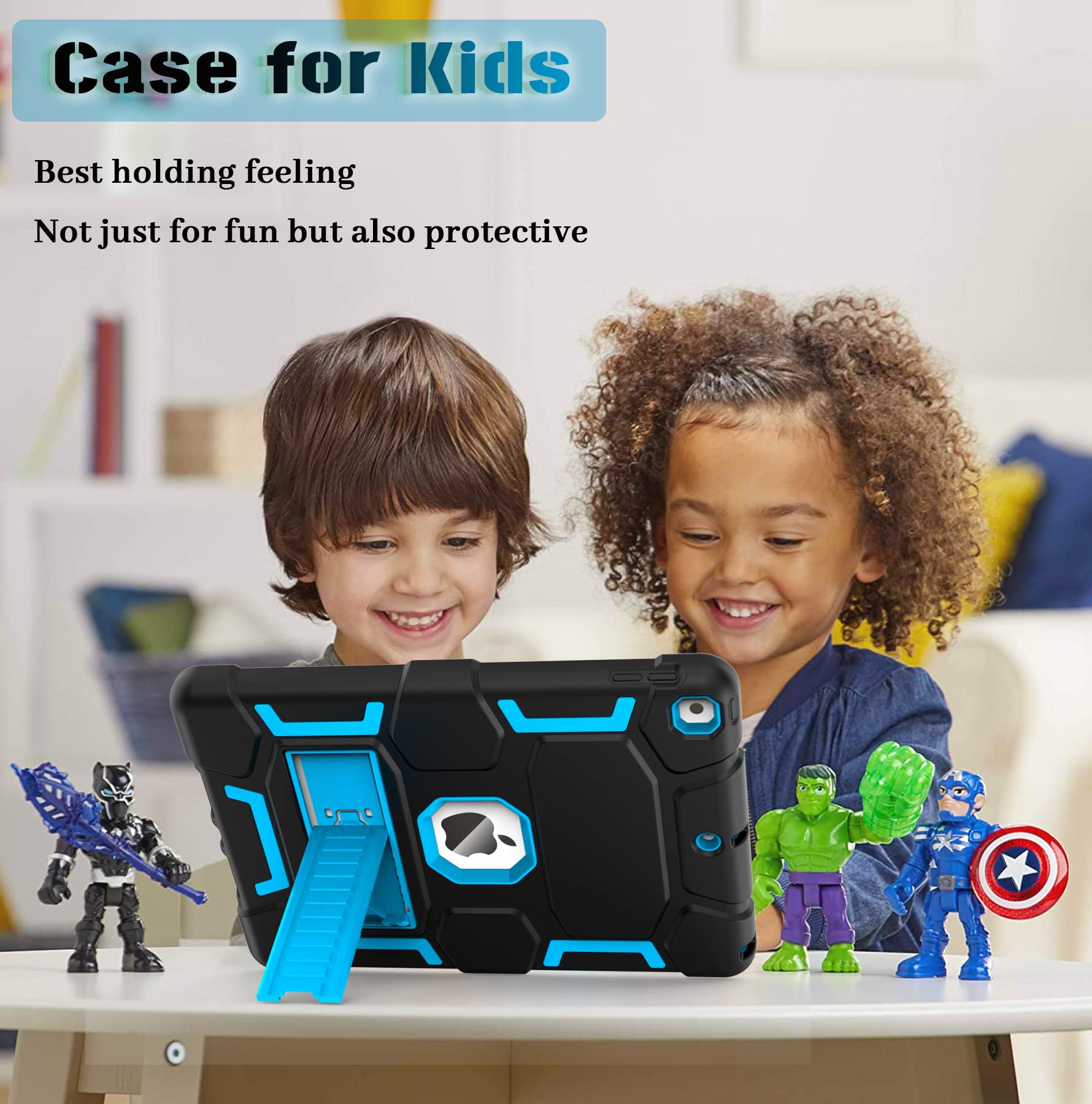 CCMAO iPad 9th Generation Case, iPad 8th/7th Generation Case, iPad 10.2 2021/2020/2019 Case with Kickstand, Heavy Duty Shockproof Hybrid Three Layer Protective Cover for Kids Boys, Black+Sky Blue