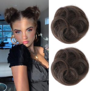 reecho 2 pcs mini claw clip in messy & cat ears hair bun extensions hb001 wig accessory updo hairpieces for women girls (pack of 2-3.5" wavy, cool dark brown)